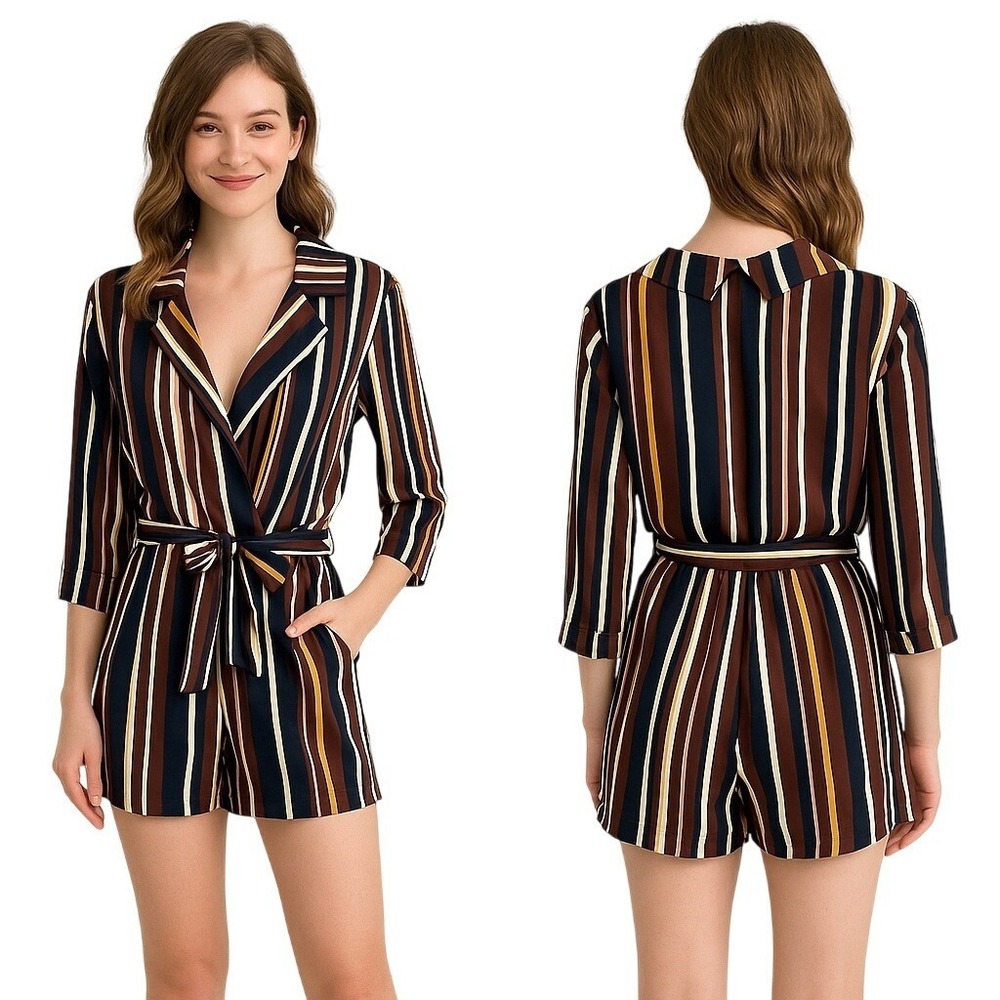 `Forever 21 New Striped Belted Romper M V-Neck 3/4 Sleeve Pockets‎ Boho Summer